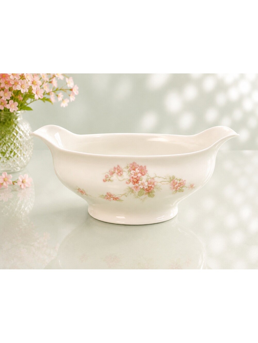 O&EG Royal Austria 1900s Pink Floral Porcelain Gravy Boat, 7.25x3.5x3.5”